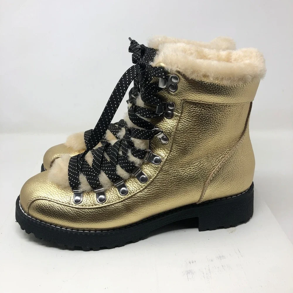 J.Crew Nordic Boots Womens 9 Gold Metallic Faux Fur Trim Lug Sole Glam Statement